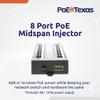 PoE Texas 8 Port PoE Injector - Gigabit Passive Power Over Ethernet Midspan - Front Wall Mount for Security Cameras, IP Phones, WiFi APs - Works with Non-PoE Switch, Includes 48v 120w Power Supply view 2