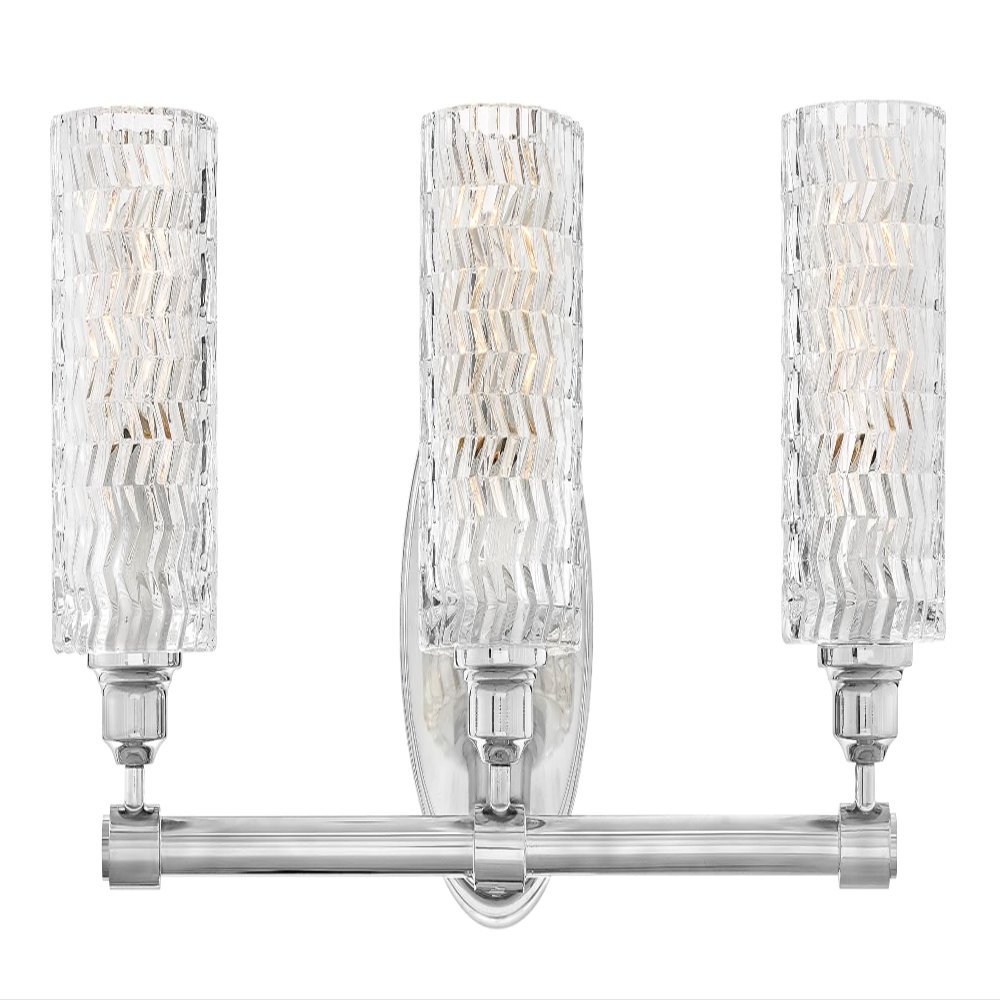 Hinkley Elle Collection Three Light Bathroom Vanity Fixture with Clear Chevron Glass, Chrome