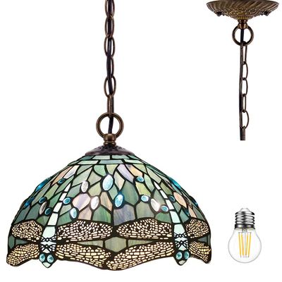 WERFACTORY Tiffany Pendant Light Fixture Stained Glass Hanging Lamp 12 Inch
