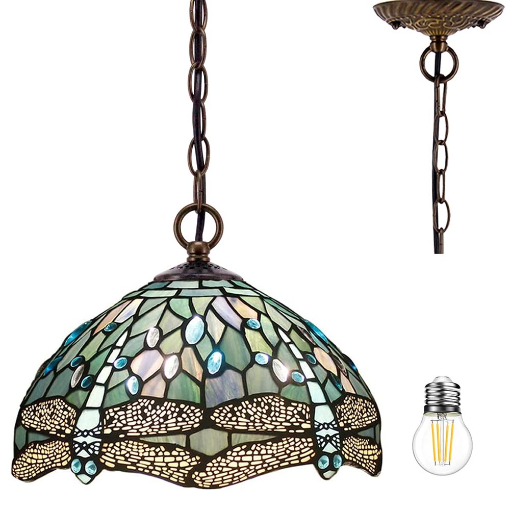 WERFACTORY Tiffany Pendant Light Fixture Stained Glass Hanging Lamp 12 Inch