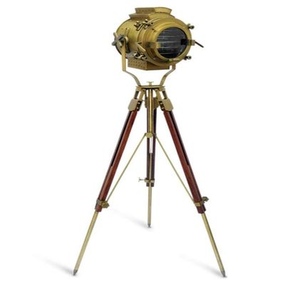 Nautical Antique Brass Spotlight Searchlight Wooden Tripod Floor Lamp