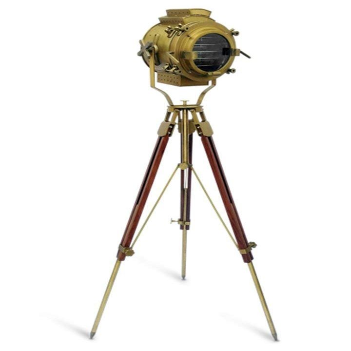 Nautical Antique Brass Spotlight Searchlight Wooden Tripod Floor Lamp