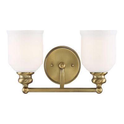 Savoy House 8-6836-2-322 Melrose Traditional Mid-Century Modern Vintage White Opal Etched Glass Bathroom Vanity Wall Light, 2-Light 120 Total Watts, 8" H x 15" W, Warm Brass