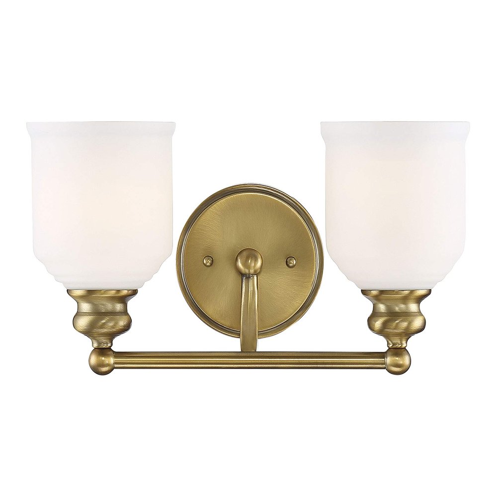 Savoy House 8-6836-2-322 Melrose Traditional Mid-Century Modern Vintage White Opal Etched Glass Bathroom Vanity Wall Light, 2-Light 120 Total Watts, 8" H x 15" W, Warm Brass