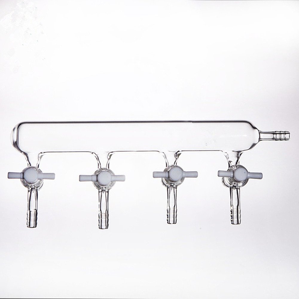 YUCHENGTECH Single Bank Vacuum Gas Distributor Glass Manifold Vacuum Gas Chemistry Lab Glassware with Solid PTFE Stopcock(4-Port)