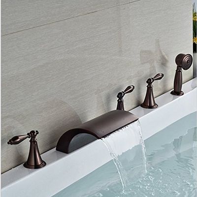 GOWE 5pcs Deck Mount Waterfall Bath Tub Filler Three Handles Oil Rubbed Bronze Tub Mixer Taps color:red