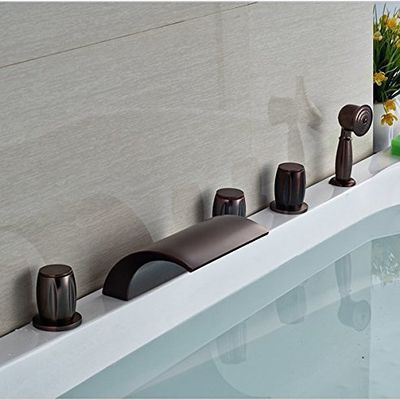 GOWE 5pcs Deck Mount Waterfall Bath Tub Filler Three Handles Oil Rubbed Bronze Tub Mixer Taps color:white