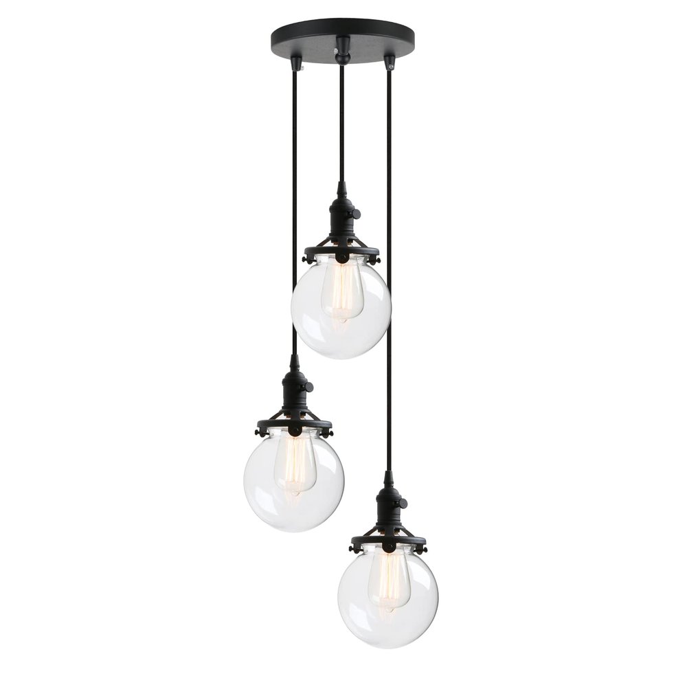 Phansthy 3 Lights Chandelier Industrial Cluster Pendant Light with 5.9 Inch Clear Globe Glass Shade, Foyer Chandeliers Entryway High Ceiling Staircase Lights (Black)