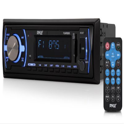 Pyle Marine Bluetooth Stereo Radio - 12v Single DIN Style Boat In dash Radio Receiver System with Built-in Mic, Digital LCD, RCA, MP3, USB, SD, AM FM Radio - Remote Control - PLMRB29B (Black)