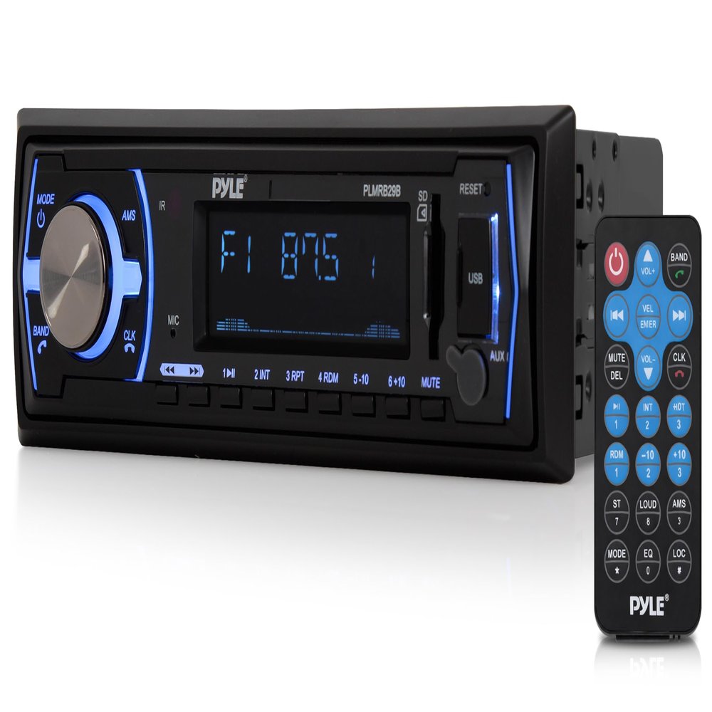 Pyle Marine Bluetooth Stereo Radio - 12v Single DIN Style Boat In dash Radio Receiver System with Built-in Mic, Digital LCD, RCA, MP3, USB, SD, AM FM Radio - Remote Control - PLMRB29B (Black)