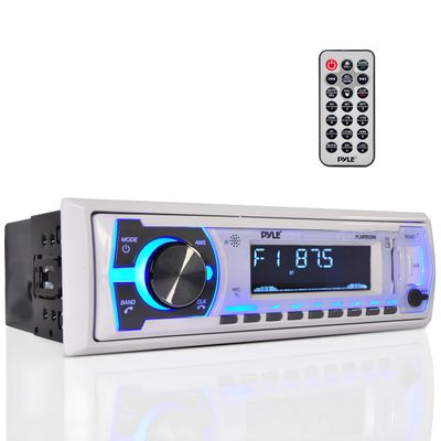 Pyle Marine Bluetooth Stereo Radio - 12v Single DIN Style Boat In dash Radio Receiver System with Built-in Mic, Digital LCD, RCA, MP3, USB, SD, AM FM Radio, Remote Control, White - PLMRB29W