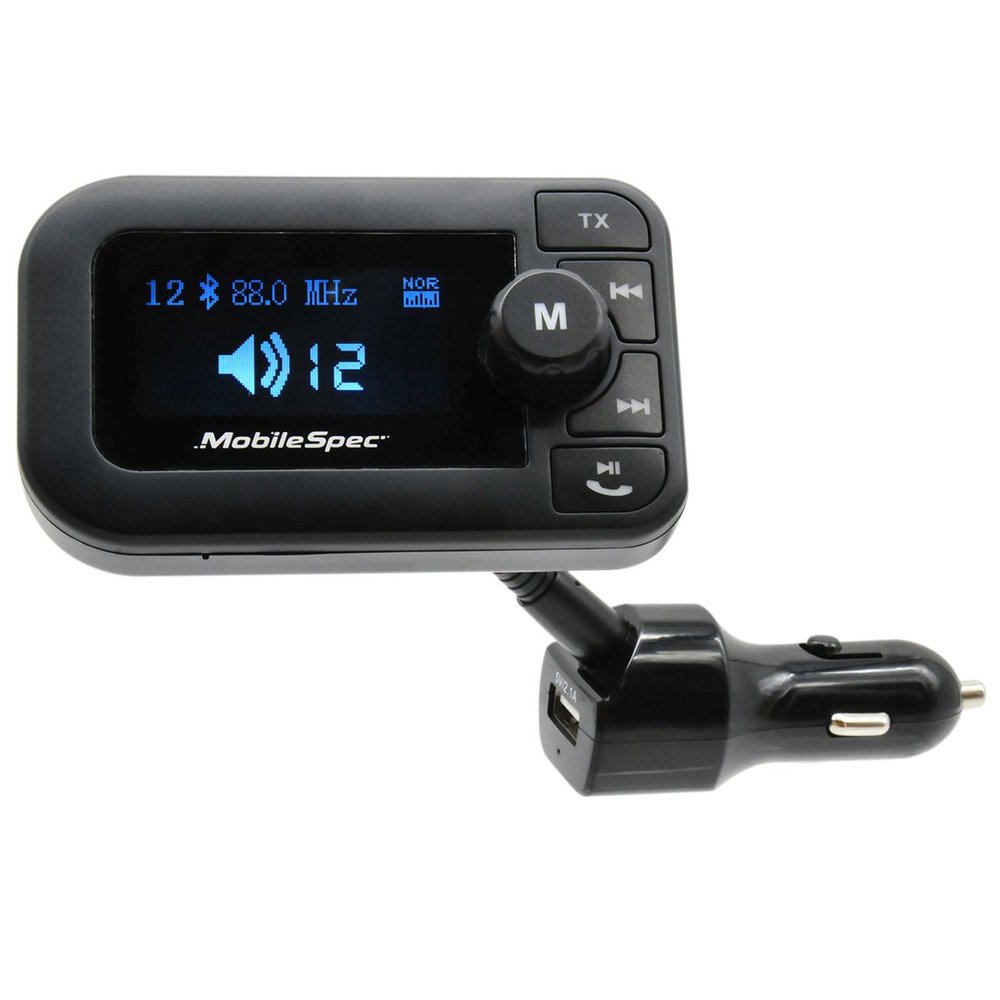 MobileSpec 12V Charger with 2.1A USB Port, FM Transmitter, Hands-Free Mic, and Large LED Display