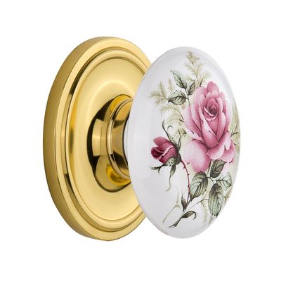 Nostalgic Warehouse Classic Rosette with Rose Porcelain Door Knob, Passage - 2.375", Polished Brass