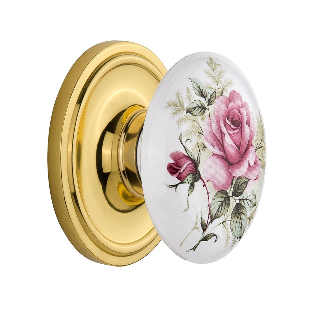 Nostalgic Warehouse Classic Rosette with Rose Porcelain Door Knob, Passage - 2.375", Polished Brass