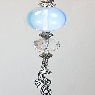 Small Silver Seahorse with Crystal Clear and Moonstone Glass Ceiling Fan Pull Chain/Light Pull