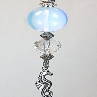 Small Silver Seahorse with Crystal Clear and Moonstone Glass Ceiling Fan Pull Chain/Light Pull