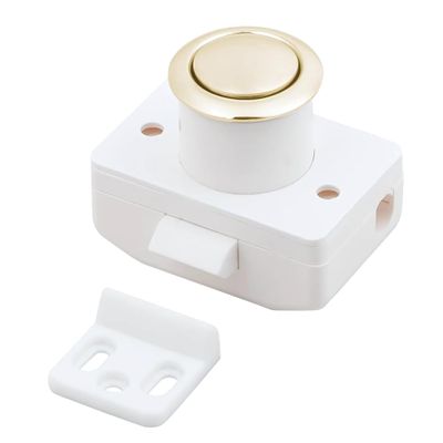 Man Ship 7100G Marine Push Button Latch  304 Stainless Steel, Round Cabinet Latch with Spacer Ring & Plate  Gold Finish  Fits 1/2" to 1" Door Thickness, (7100G - Gold)