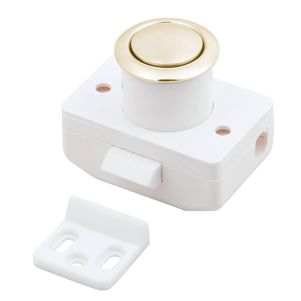 Man Ship 7100G Marine Push Button Latch  304 Stainless Steel, Round Cabinet Latch with Spacer Ring & Plate  Gold Finish  Fits 1/2" to 1" Door Thickness, (7100G - Gold)