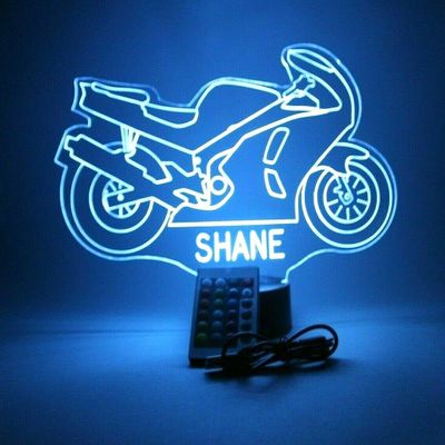 MIRROR MANIA Motorcycle Night Light Up Table Desk Lamp LED Personalized Free Engraved Cycle Motorbike Bike Biker - It's Wow, with Remote, 16 Color Options, Cord, Stand, Dimmer, Great Gift