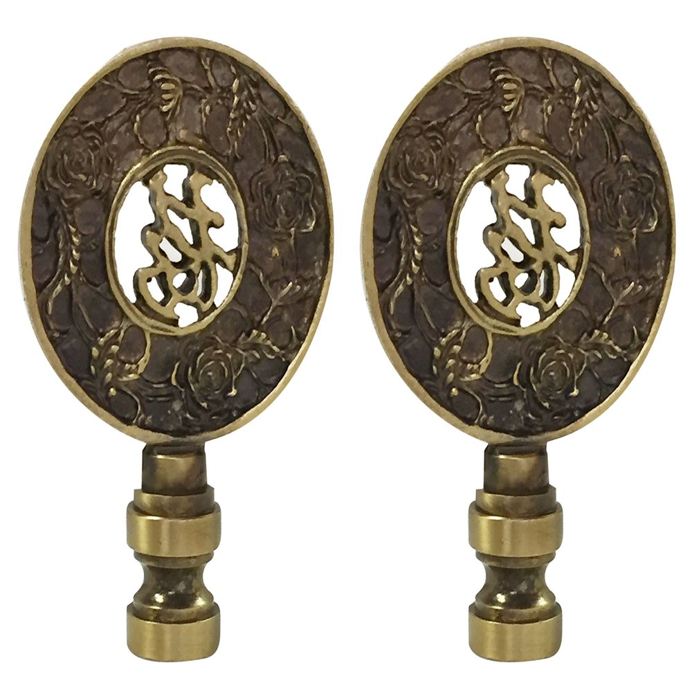 Royal Designs Good Fortune Oriental Motif 3.5" Lamp Finial for Lamp Shade, Antique Brass - Set of 2