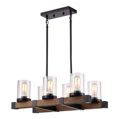 25 Inch W 6 Light Distressed Black and Wood Beam Standard Kitchen Island Light Farmhouse Industrial Rustic Look Seeded Shade Ceiling Light