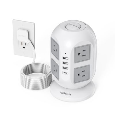 TESSAN Tower Surge Protector Power Strip 10 ft, Long Flat Extension Cord with Multiple Outlets, 8 AC Outlets with 4 USB Ports (1 USB C), Charging Station with Surge Protection, for Home Office Dorm