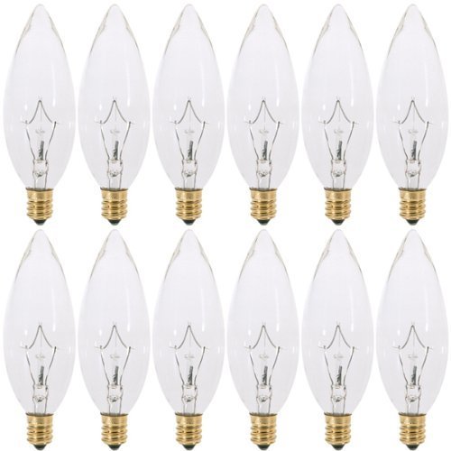 KOR (Pack of 12) 25 Watt CTC Clear Candelabra Base (E12) Straight Torpedo Tip 120V Incandescent Chandelier Light Bulbs
