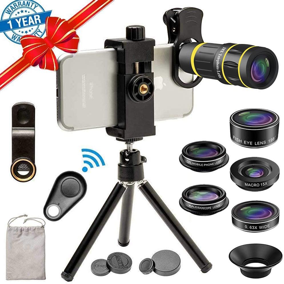 SEVENKA Cell Phone Camera Lens Kit, 18X Telephoto Lens with Remote Shutter, Tripod, Fisheye, Macro and Wide Angle Lens for iPhone 11 Pro Max X XS Max XR/8/7/6/6s Samsung Android Smartphone Black