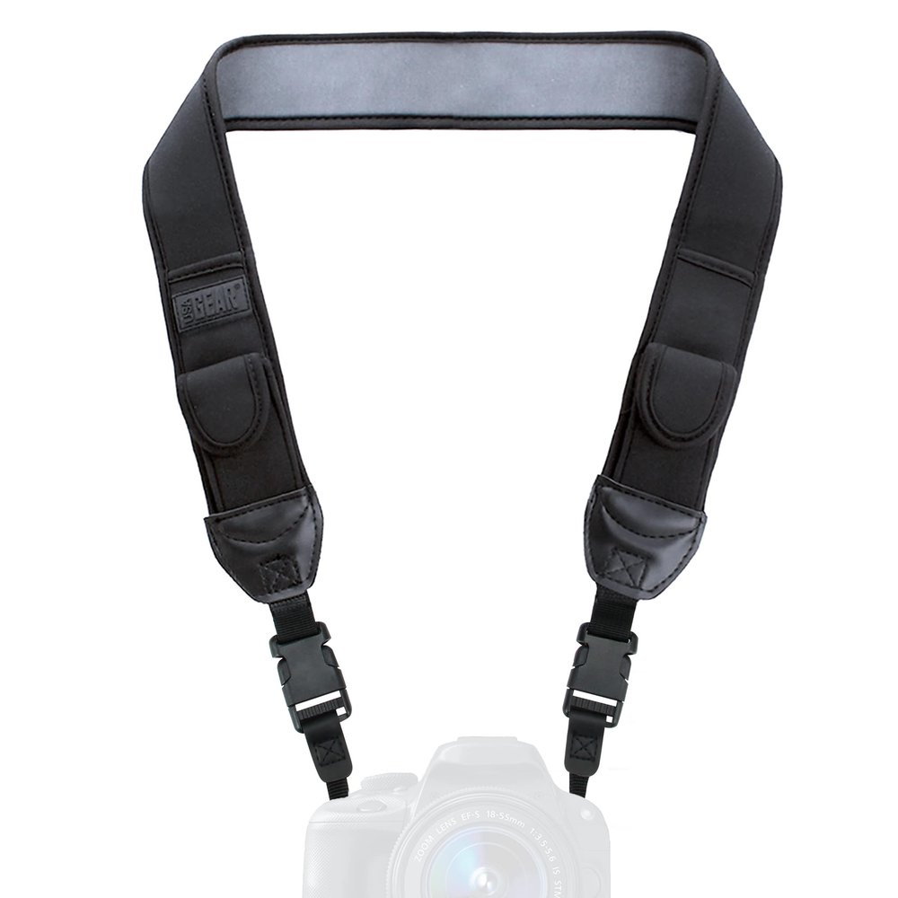 USA Gear TrueSHOT Camera Strap Neoprene Camera Straps - Padded Neck Strap, Pockets, and Quick Release Buckles - Compatible with Canon, Nikon, Sony and More DSLR and Mirrorless Cameras (Black)
