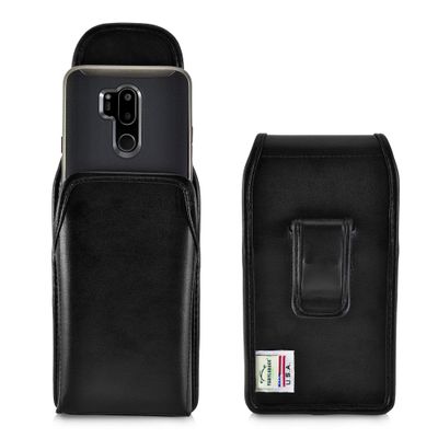 Turtleback Belt Clip Case Compatible with LG G7, Vertical Black Holster with Flush Leather Covered Metal Belt Clip, Black Leather Pouch