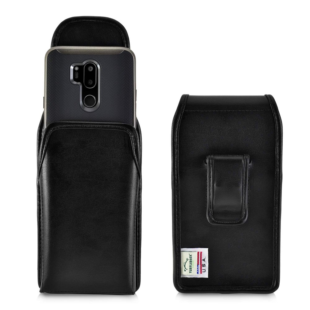 Turtleback Belt Clip Case Compatible with LG G7, Vertical Black Holster with Flush Leather Covered Metal Belt Clip, Black Leather Pouch