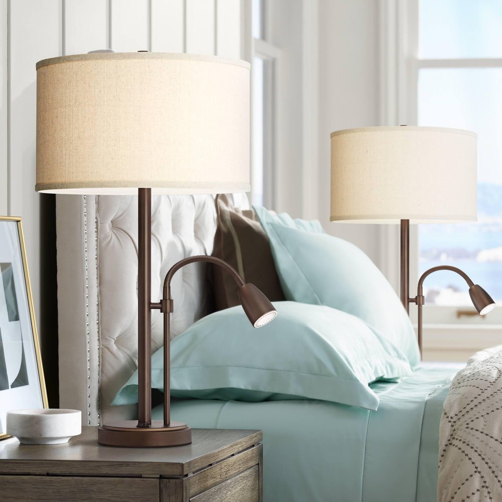 Traverse 29" Tall Table Lamp USB Set of 2 Gooseneck LED Bronze Brown Modern