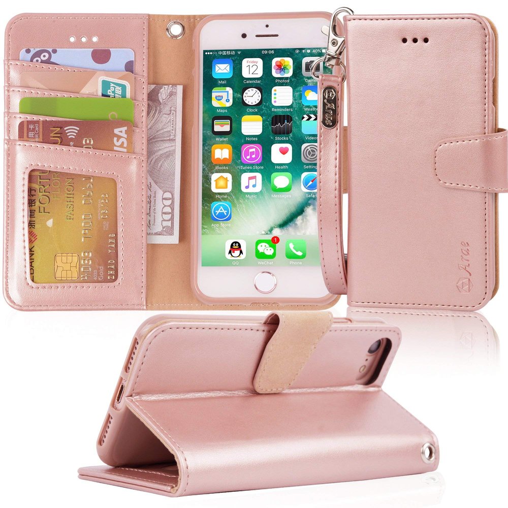 Arae Case for iPhone SE 2022 / iPhone SE 2020 / iPhone 8 / iPhone 7, Wallet Case with Card Holder PU Leather Flip Cover, Rose Gold