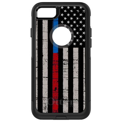DistinctInk Case for iPhone 7 Plus / 8 Plus - Replacement for OtterBox Commuter Black Custom Case - Thin Blue Line Thin Red Line US Flag - Show Your Support for First Responders