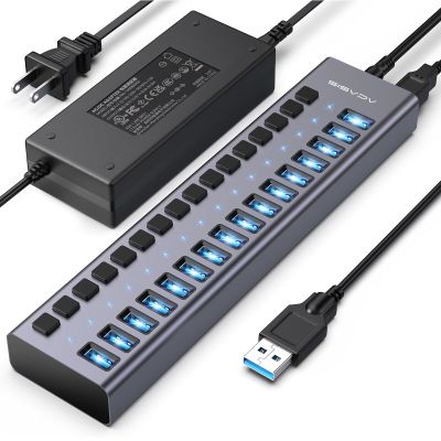 Powered USB 3.2 Hub, ACASIS 16 Ports USB 3.2 Hub with 10Gbps Data SpeedAluminum Housing, USB Hub Powered with 96W Power Adapter, USB Hub for PC/Laptop, Computer, Flash Drive, Printer, Camera