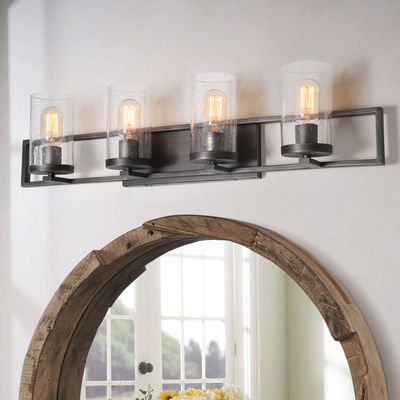 LALUZ Farmhouse Bathroom Light Fixture, Rustic Vanity Lighting with Seeded Glass, Modern Vanity Light in Dark Silver Brushed, 31.5 inches