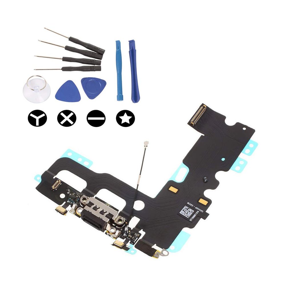 (md0410) Black USB Charging Port Charge Dock Connector Charger mic Flex Ribbon Cable Replacement Part Compatible for iPhone 7 + Tools Kit