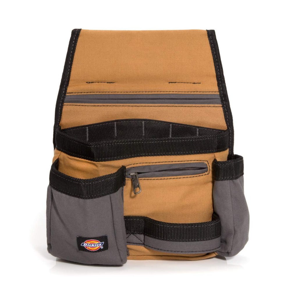 Dickies 11-Pocket Tool/Utility Storage Pouch for Tool Belt, Durable Canvas, Puncture-Resistant Backing, Screwdriver Pockets, Zippered Security Pocket, Hammer Loop, 2-inch Tunnel Loop, Grey/Tan