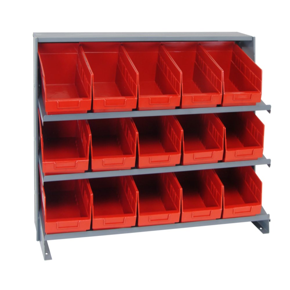 QUANTUM STORAGE SYSTEMS QPRHA-202RD Solid Single Sided 3 Shelves 15 STORE-MORE Red Bins 27" H x 36" W x 12" D