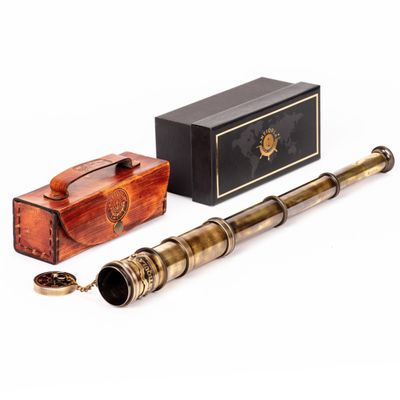 Antiqula 1920 Vintage Brass Telescope with Premium Leather Case, Collapsible 15x Clear Vision Antique Maritime Pirate Spyglass Telescope for Adults, for Nautical & Vintage Dcor, 15 inch