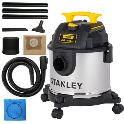 STANLEY 4 Gallon Wet Dry Vacuum, 4 Peak HP Stainless Steel 3 in 1 Shop Vacuum Blower with Powerful Suction, Vacuum for Job Site, Garage, Basement, Workshop, Top Handle, Portable Wet Dry Vac SL18301-4B