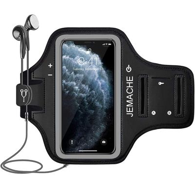 iPhone 17 16 15 Pro Max Armband with Earphone Holder, JEMACHE Gym Running Workouts Arm Band for iPhone Air, 17 16 15 14 13 12 Pro Max/Plus (Black)