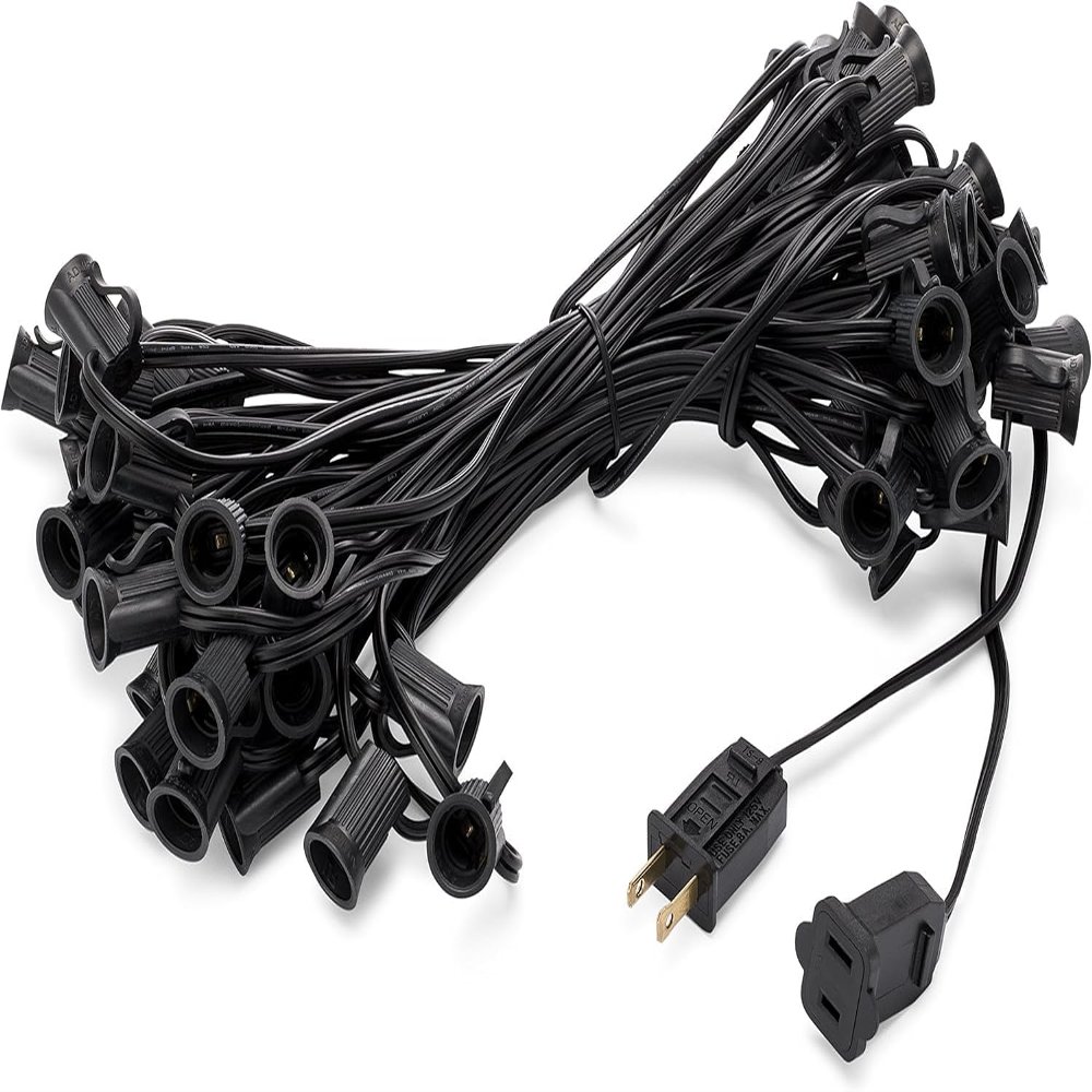 Holiday Lighting Outlet C7 Christmas Light String, Patio and Event Lighting, Black Cord, 12" Socket Spacing SPT-1 (50',)