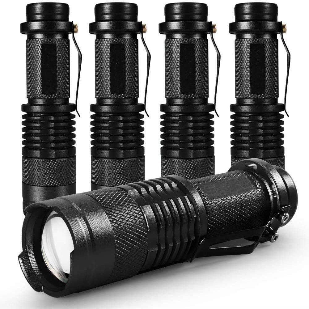 5 Pack LED Mini Flashlights 7W 300LM SK-68 3 Light Modes Adjustable Focus Zoomable Q5 LED Tactical Flashlight for Camping Hiking Emergency (Black)