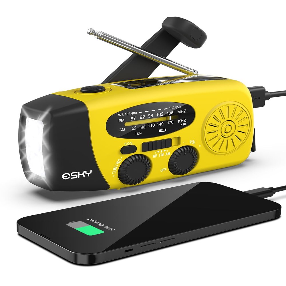 Esky Emergency Hand Crank Radio with 3 LED Flashlight, AM/FM/NOAA Portable Weather Radio with 2000mAh Power Bank Phone Charger, Solar Powered USB Charged Radio for Indoor Outdoor Camping, SOS Alarm
