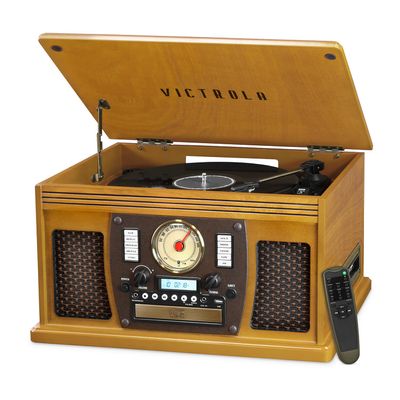 Victrola Navigator 8-in-1 Bluetooth Record Player with Built-in Speakers  3 Speed Turntable, CD Player, Cassette, FM Radio, USB, RCA Out, Headphone Jack, Wireless Music Streaming, Real Wood (Oak)
