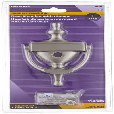 Hardware Essentials Satin Nickel Door Knocker with Viewer, 160 Degree View of Entryway, Front Door, 7 Inches, 11.7 Ounces, 1 Count, Polished Solid Brass, Corrosion Protection, Engraveable (852725)
