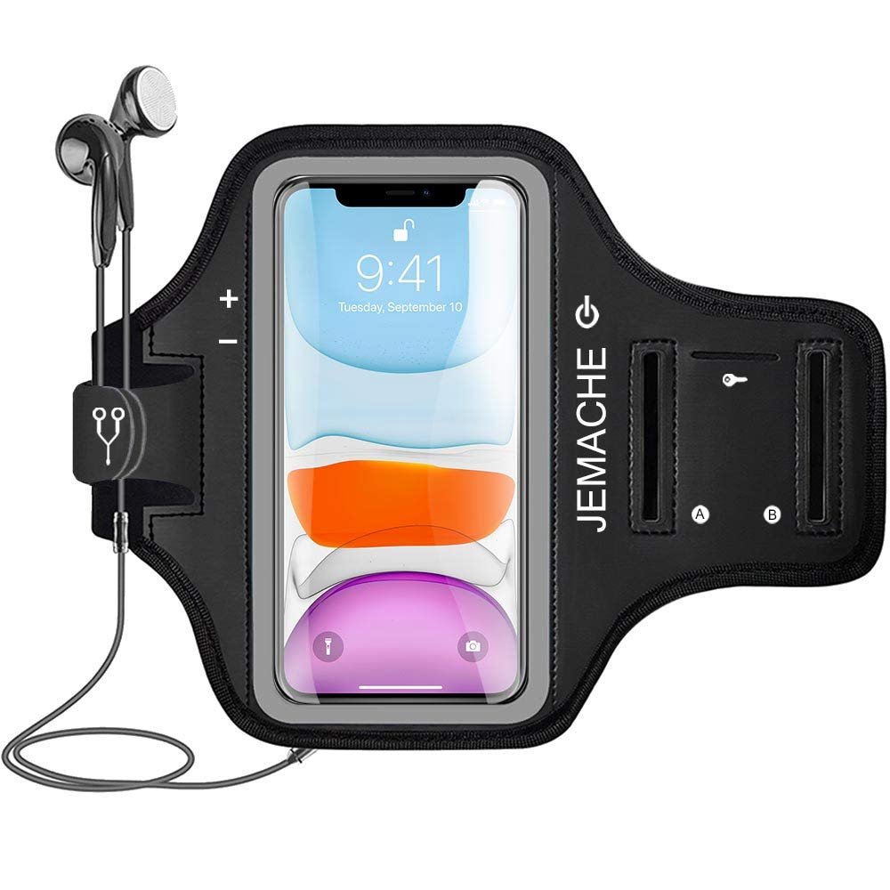 iPhone 17 16 15 Armband, JEMACHE Water Resistant Gym Running Workouts Arm Band for iPhone 17 16 15 14 13 12 Pro (Black)