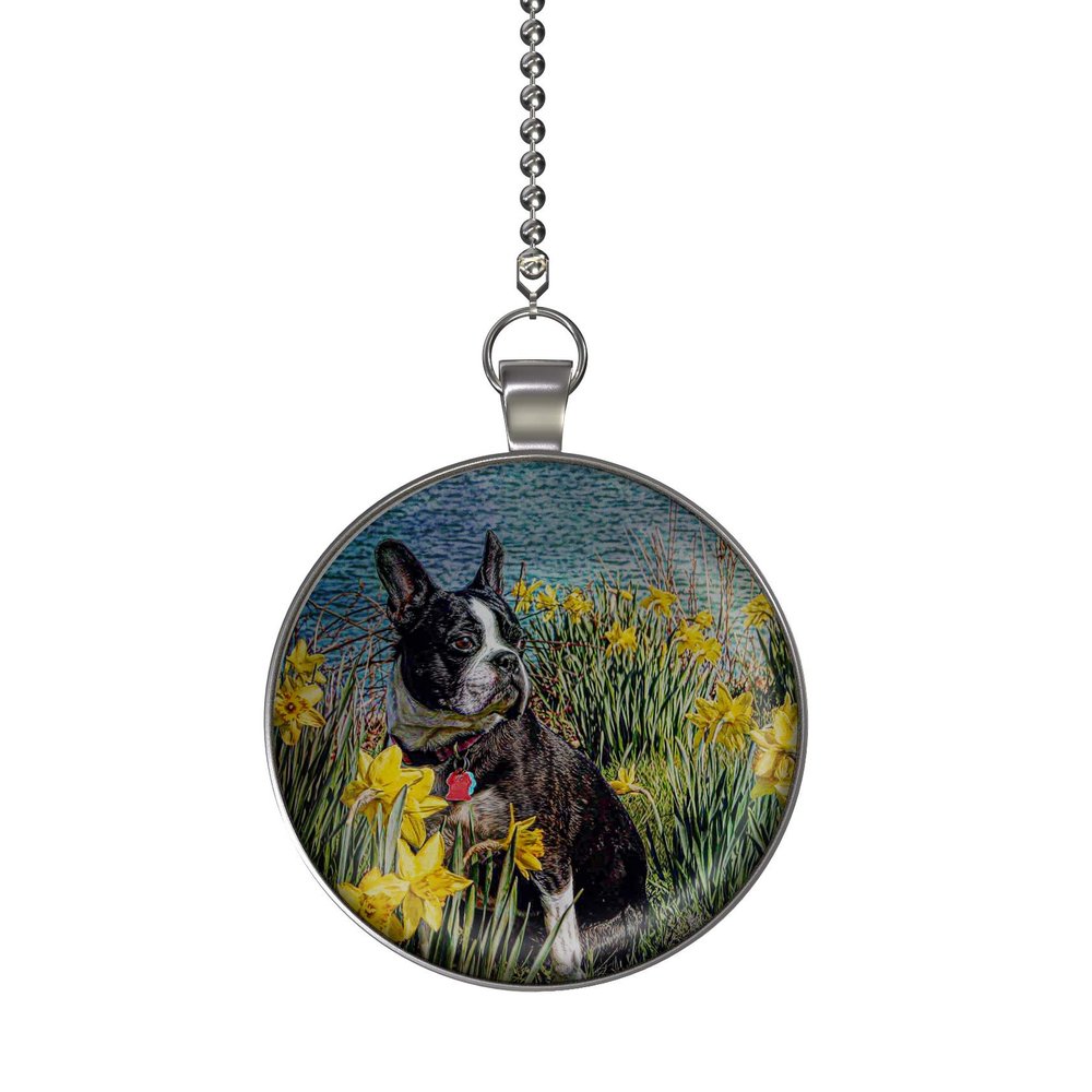 Gotham Decor Boston Terrier in Daffodils Ceiling Fan/Light Pull Pendant with Chain