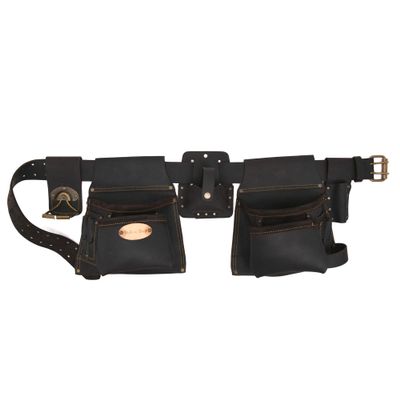 Style n Craft 6-Piece and 10-Pocket Carpenters Combo, Tool Belt with 2 Tool Pouches, 1 Large Tape Holder, and 1 Metal Swivel Hammer Holder, Full-Grain Oiled Leather Tool Belt, Dark Brown (90420)